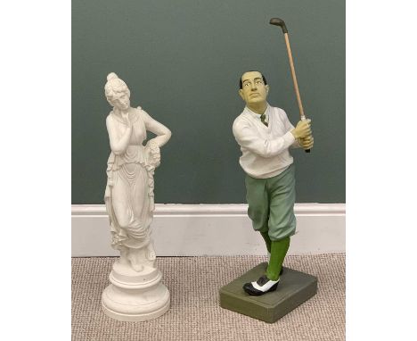 TWO FIGURINES being a plaster model of a Classical maiden, 87cms H, a painted golfer in Edwardian attire, 80cms HProvenance: 