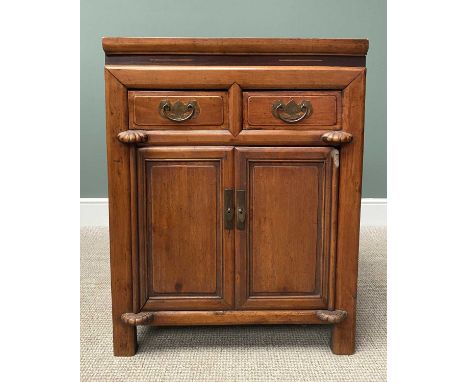 CHINESE STAINED WOOD SIDE CABINET, having twin frieze drawers and secret side drawer, over twin cupboard doors with interior 