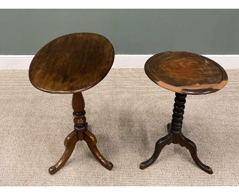 TWO VINTAGE TRIPOD TABLES, both fixed tops, one oval topped on a turned column support and three splayed feet, 75cms H, 63cms