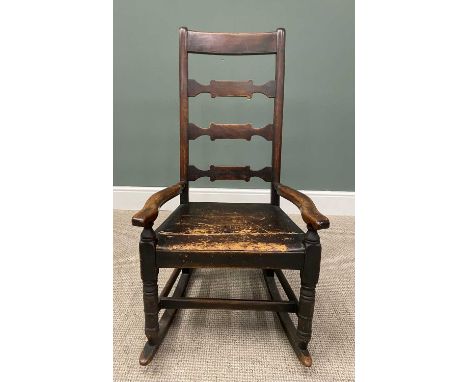 ANTIQUE FARMHOUSE LADDER BACK ROCKING CHAIR, having low swept arms on short turned supports, solid seat, on turned and block 