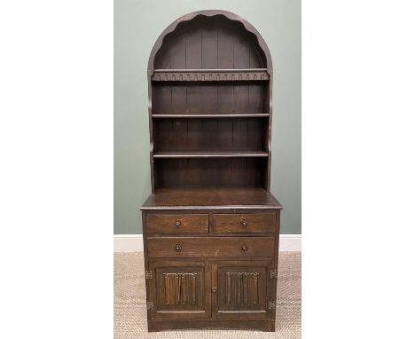 DUTCH TOP PRIORY-STYLE OAK DRESSER, the dome top three-shelf waterfall rack on a base section of two short and one long drawe