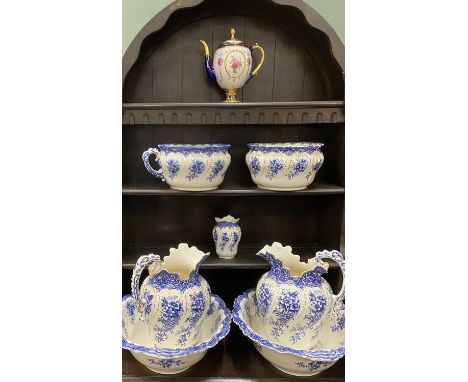 VICTORIAN BLUE &amp; WHITE TOILET SET AND A HOUSE OF FABERGE IMPERIAL EGG TEAPOT, the toilet set comprising 2 x water jugs, 2