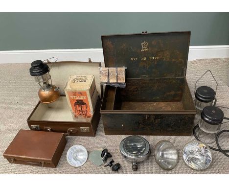 MILITARY, LIGHTING, AUTOMOBILIA &amp; COLLECTABLES GROUP, lot includes a lidded tin trunk with presumed military marks to the