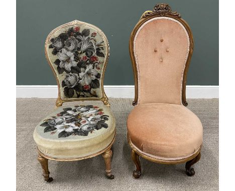 TWO VICTORIAN SPOON BACK SALON CHAIRS, the first being gilt washed with beadwork upholstery back and seat, on turned tapering