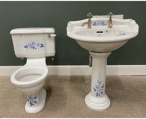 CHARLOTTE BRAND BLUE &amp; WHITE CERAMIC PEDESTAL WASH BASIN WITH MATCHING CLOSE COUPLE TOILET AND CISTERN, 97cms overall H, 