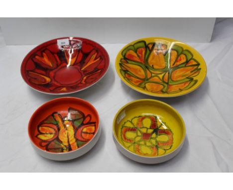 Four Poole Delphis bowls with abstract decoration