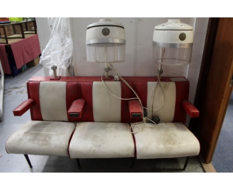 1950's / 60's Red and White Vinyl three seater Hair salon bench with two hoods