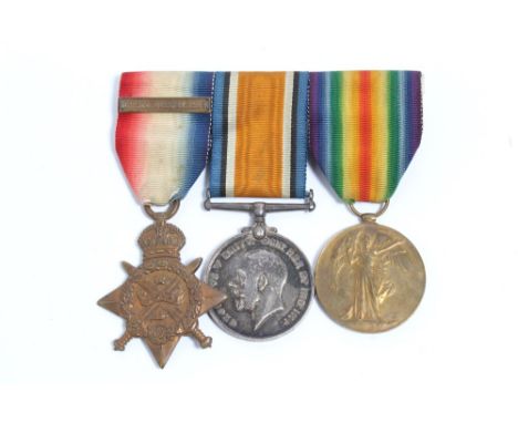 First World War 1914 'Mons' Star trio comprising 1914 Star with 5th Aug. - 22nd Nov. Clasp, War and Victory medals named to L
