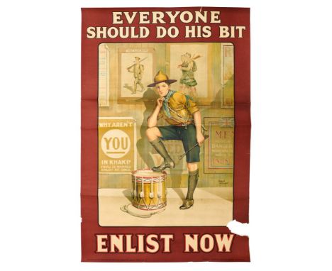 First World War recruitment poster- Everyone should do his bit, enlist now. By Baron Low, 1915 depicting a Boy Scout in conte