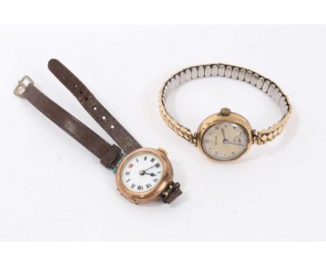 Ladies 9ct rose gold cased vintage wristwatch on leather strap, together with ladies 9ct gold cased Vertex wristwatch on plat