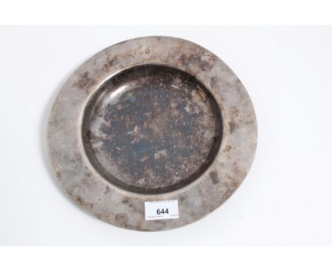 Silver plated Nazi calling card dish with engraved 'A H' and Eagle and Swastika to rim, underside stamped Wellner. Approx 27c