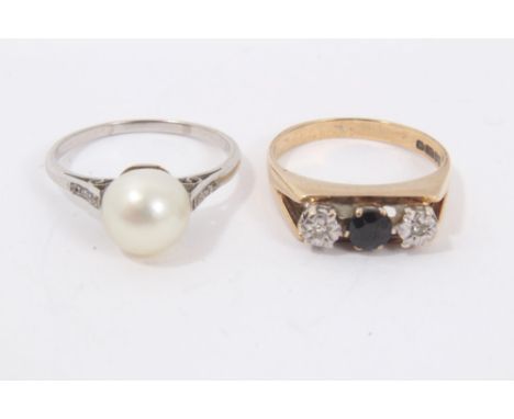 Cultured pearl dress ring and 9ct gold sapphire and diamond three stone dress ring, both size MCondition report: Cultured pea