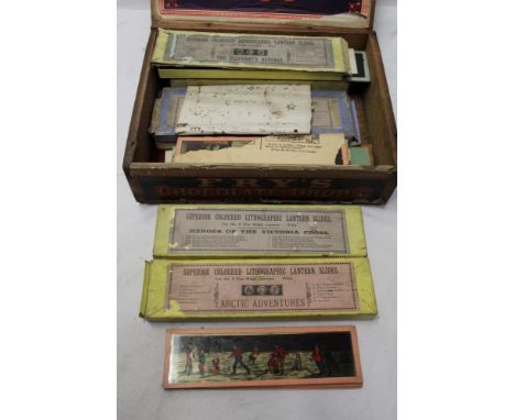 Magic lantern slides, some cased, including Robinson Crusoe, Gulliver's Travels, Puss In Boots, The Elephant's Revenge, Arcti