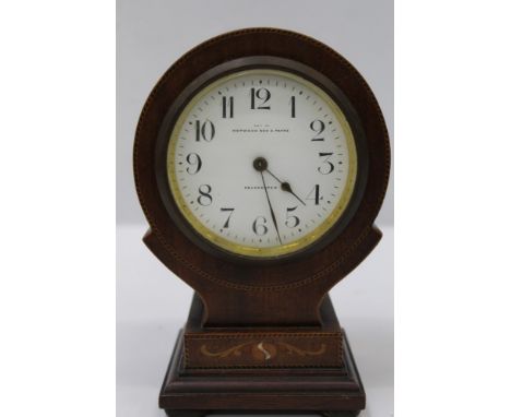 Edwardian Mahogany cased mantel clock with inlaid decoration, retailed by Hopwood Son &amp; Payne, Colchester