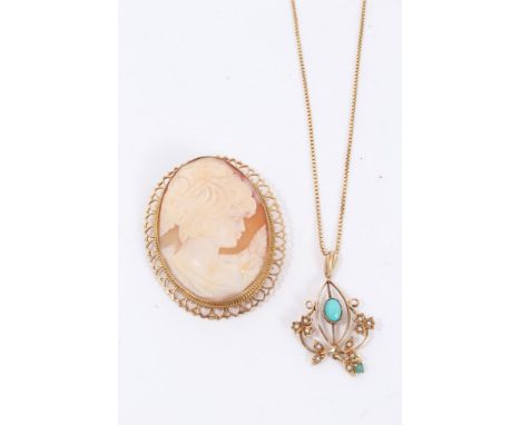 Carved shell cameo brooch in 9ct gold mount and an Edwardian style 9ct gold turquoise and seed pearl pendant on 9ct gold chai