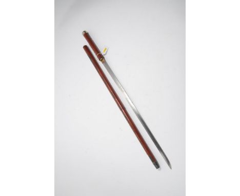 Good quality 19th century Japanese sword stick with straight double fullered blade in red lacquered walking stick casing with