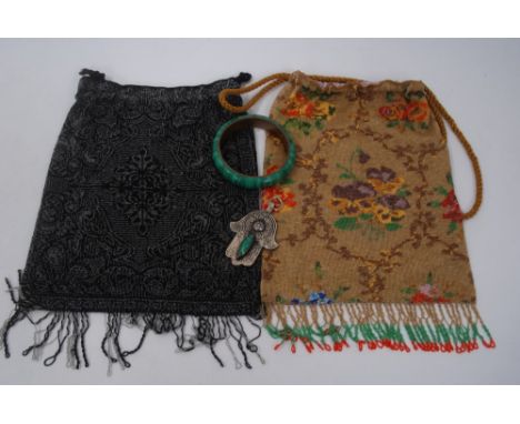 1930s beadwork bag in floral design , another similar , malachite bangle and a pendant