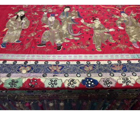 Chinese embroidered and mirrored large red silk panel c.1900s with couch and satin stitch figures, symbols, blossom and calli