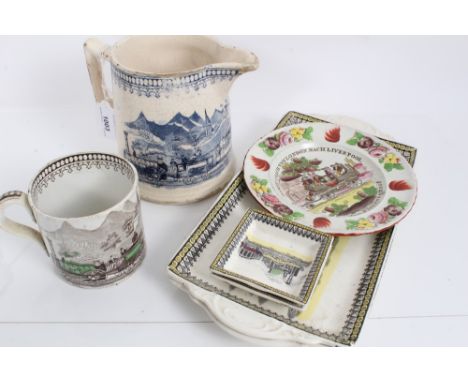 Quantity of 19th and early 20th century commemorative railway ceramics, including a mug, a jug, a pearl ware dish, 2 rectangu