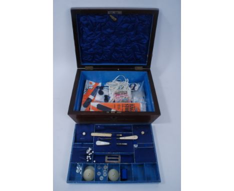 Mahogany sewing work box with mother of pearl inlay and silk lined. Some contents.