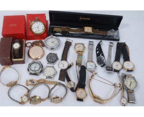Group various wristwatches and pocket watches including Accurist, Smiths, Timex, Sekonda etc