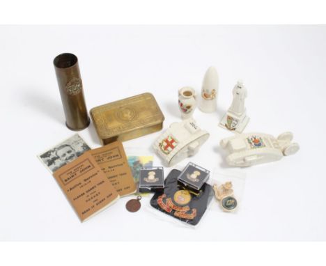 First World War Princess Mary Gift Tin, together with Battlefield finds, Trench Art Vase, First World War crested china and o