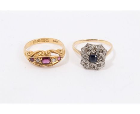 Victorian 18ct gold diamond and ruby ring, size L, together with an Art Deco sapphire and diamond ring, size L½Condition repo