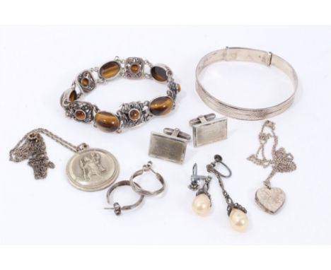 Group of silver jewellery including pair German silver cufflinks, tiger's eye bracelet, two pairs earrings, St. Christopher p