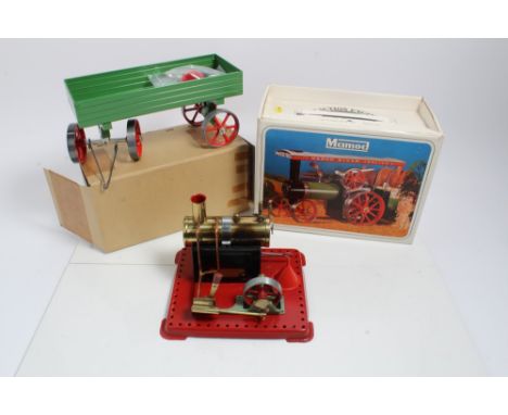 Mamod steam tractor TE1A, steam engine SE 2A plus open wagon OW1, all boxed.