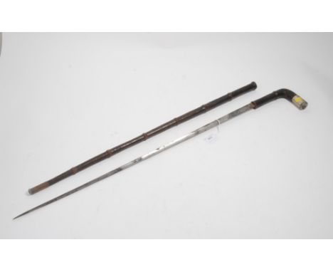 Early 19th century swordstick with hollow ground blade engraved with figures and scrolls, leather covered shaft with white me