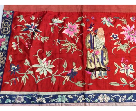 Chinese embroidered red silk panel c19th century couch and satin stitch, figures and flowers. Embroidered silk border with sy