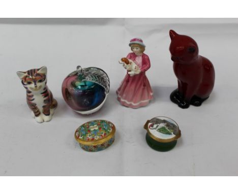 Royal Doulton Flambé Cat, together with a Royal Crown Derby Cat Paperweight, a Royal Doulton figure, an Art glass paperweight