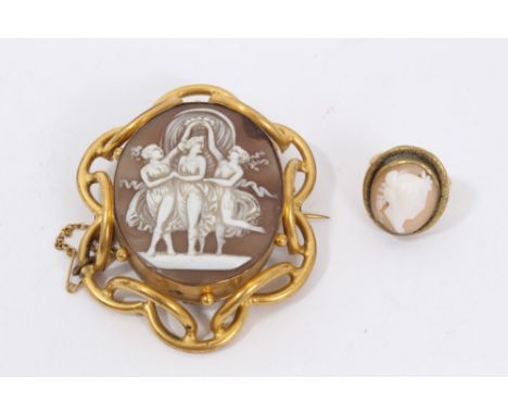 Victorian Cameo brooch with carved shell oval panel depicting the three graces in gilt metal brooch mount, together with a ca