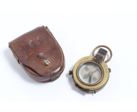 First World War Officers' Brass compass engraved 'J.M. Gow R.F.A.' in brown leather pouch stamped J.M.G.