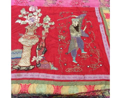 Chinese large embroidered and mirror-work red silk panel c19th century couch and satin stitch figures, vases of flowers, symb