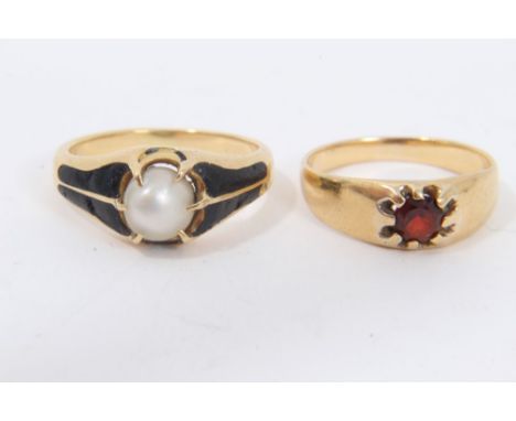 Victorian gold pearl and black enamel mourning ring, size J½ and a yellow metal ruby gypsy ring, size H½Condition report: Pea