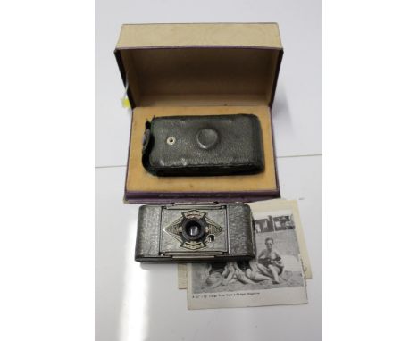 1930s Ensign Silver Midget Miniature Camera in original box with guarantee