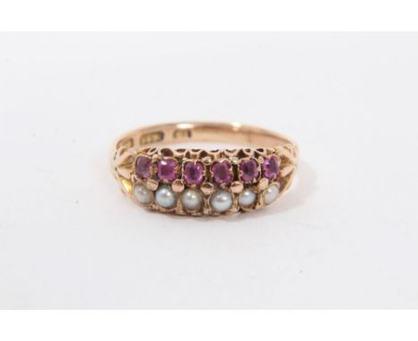 15ct gold two row seed pearl and ruby ring, size K½Condition report: Weight 1.6g