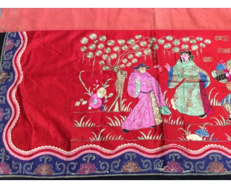 Chinese embroidered red silk panel c19th century couch and satin stitch, figures and flowers. Embroidered silk border with sy