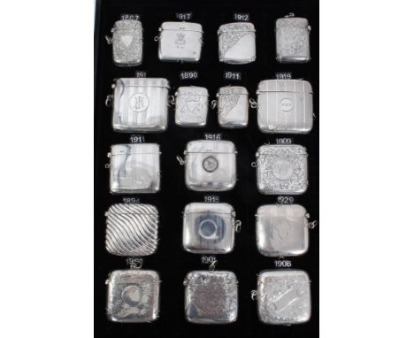 Collection of seventeen Victorian and later silver Vesta cases, to include a Vesta case set with a compass