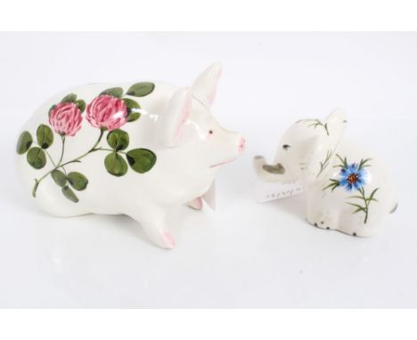 Plichta Wemyss ceramic models of a pig and an elephant, both with printed marks, the pig measuring 16cm length