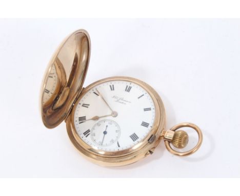 9ct gold full hunter J.W. Benson pocket watch with white enamel dial, Roman numeral markers and subsidiary seconds dialCondit