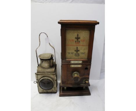Vintage railway lamp and a wooden-cased railway signal box