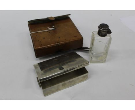 Vintage silver plated Swaine &amp; Adeney sandwich box, together with a glass flask with plated top, in brown leather fitted 