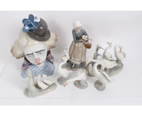 Large Lladro porcelain clown bust, Lladro figure of lady with geese, four other Lladro geese and a similar Nao (Qty: 7)