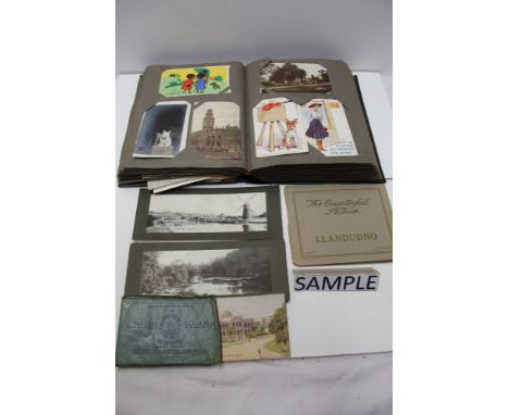 Collection of vintage postcards in album and loose, together with other ephemera. Postcards incuding real photographic Bradfo