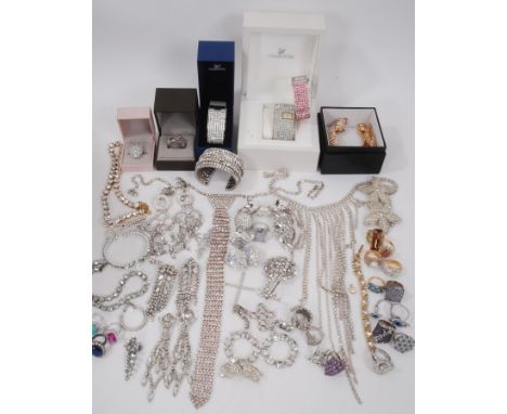 Swarovski Crystal wristwatches and bangle, other paste set jewellery including silver gem set rings