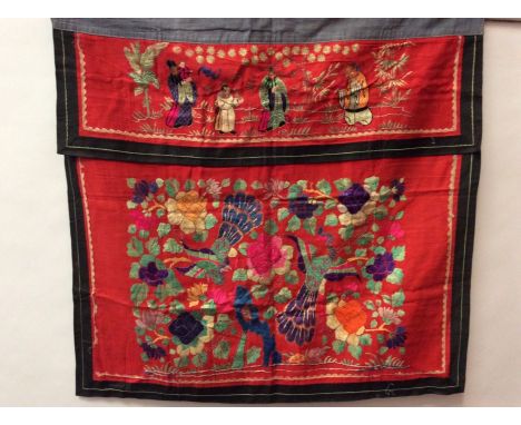 Chinese embroidered red silk alter panel c19th century couch and satin stitch, figures with painted faces, exotic birds and f