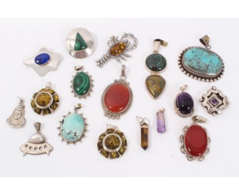 Collection silver and white metal earrings, pendants and brooches set with semi precious stones including malachite, turquois