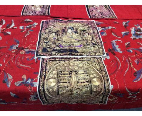 Chinese large red wool panel with silk thread embroidered flowers with appliquéd embroidered black silk panels. Possibly alta